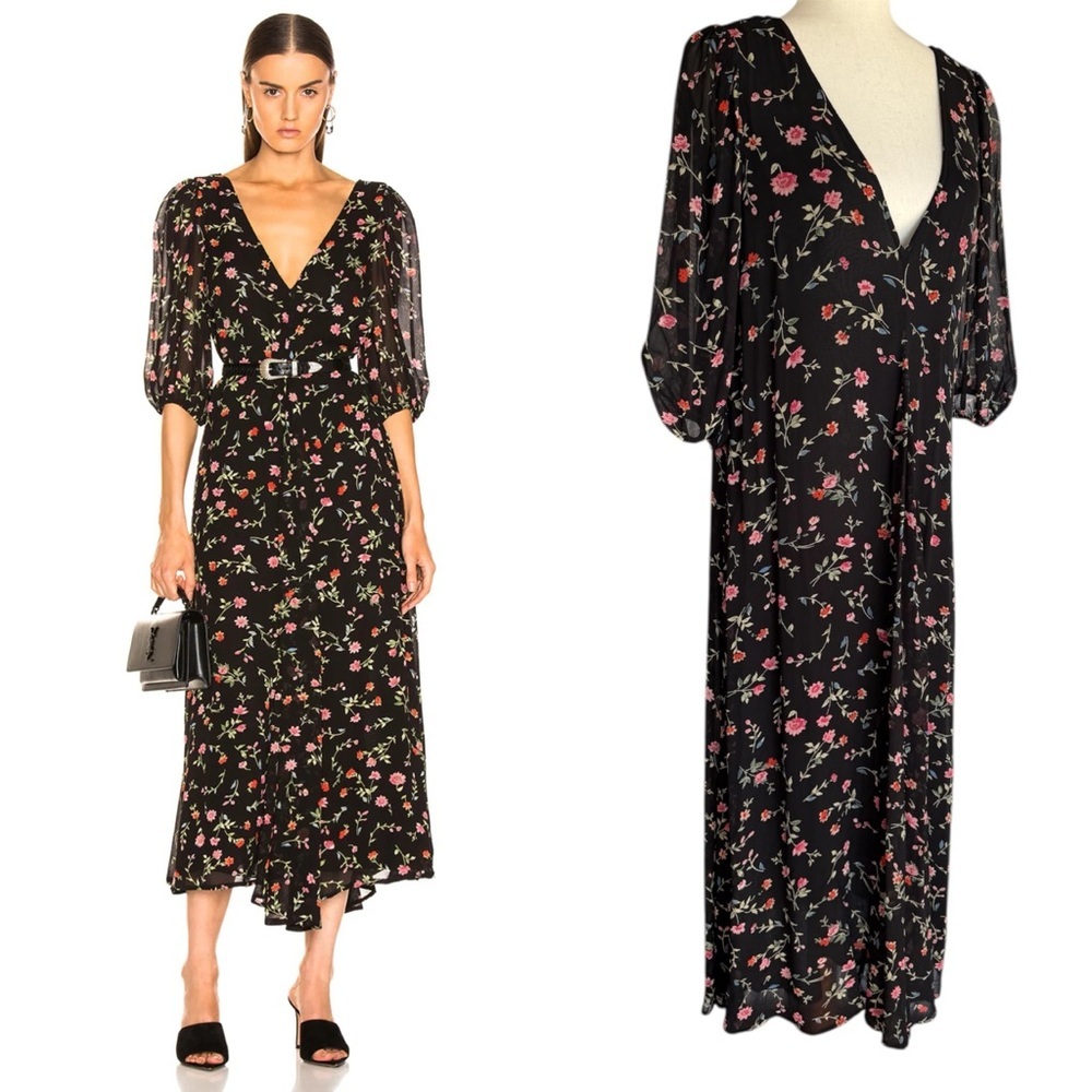 Ganni Floral Georgette Midi Dress Puff Sleeve Size L 8/10 EU 40